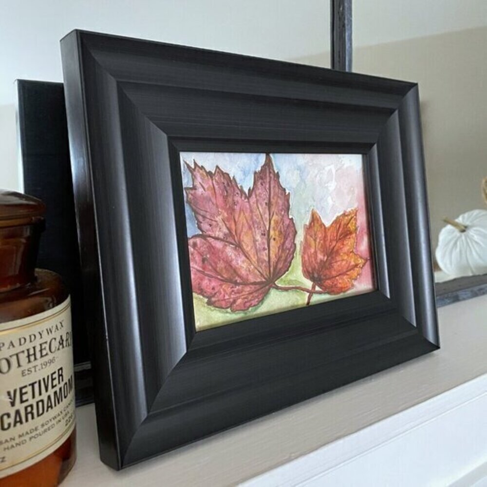 Framed Original Watercolor - Black Frame - Fall Autumn Leaves Colorful - Picture 1 of 5